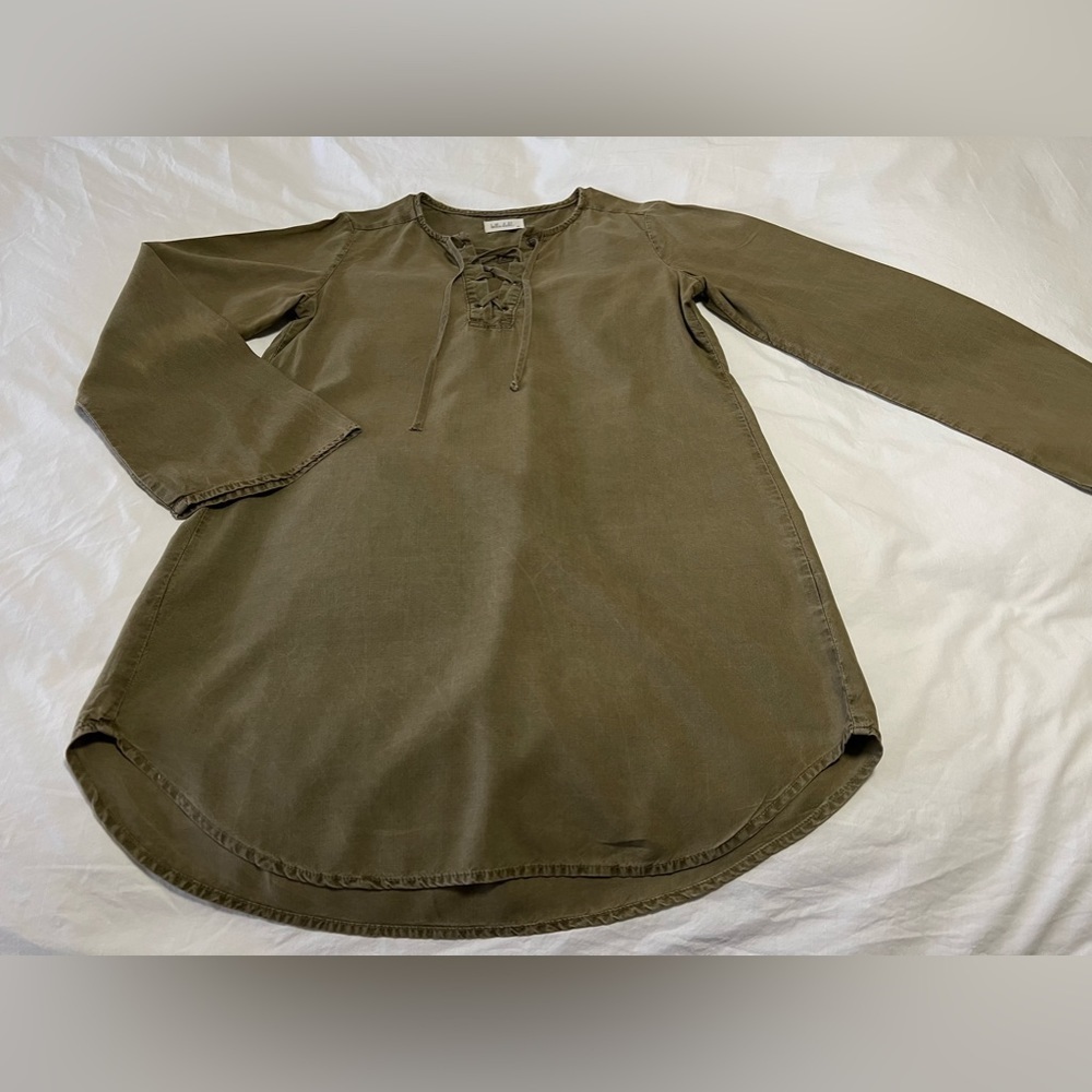 Bella Dahl | SZ M | Army Green Bell Sleeve Lace Up Shirt Dress Tencel Bohemian